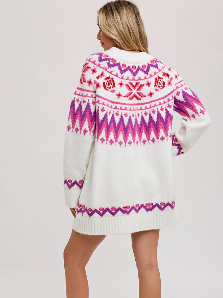 Soft Pink Ski Lodge Tunic Sweater Dress, in a Fair Isle pattern 