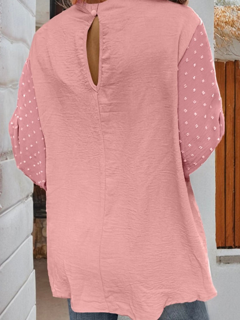 Pink, Balloon Sleeve Top, with a Contrasting Swiss Dot Pattern, and Elegant Keyhole Detailing.