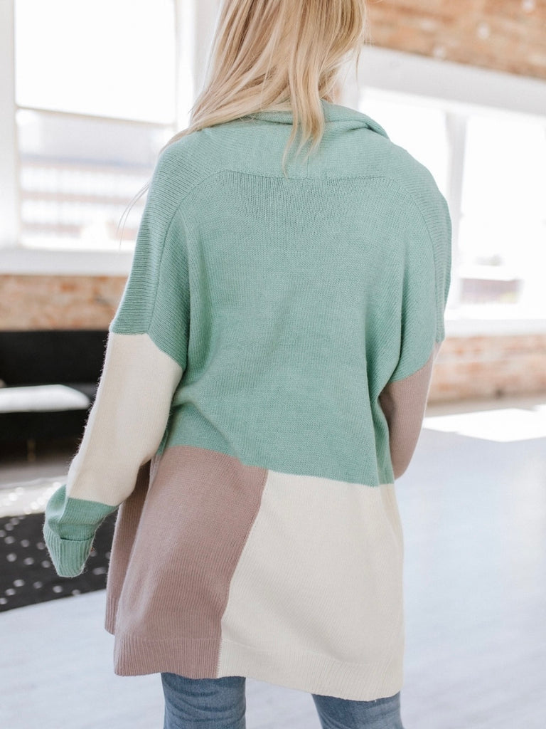  Long fit ,Colour block , blend of mint, grey, and ivory  Cardigan with an open-Front silhouette.