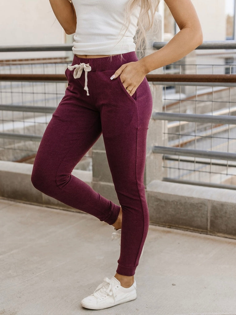 Wine Coloured Ultra Soft Fleece Joggers with tie waist and triple stretch feature for comfort.