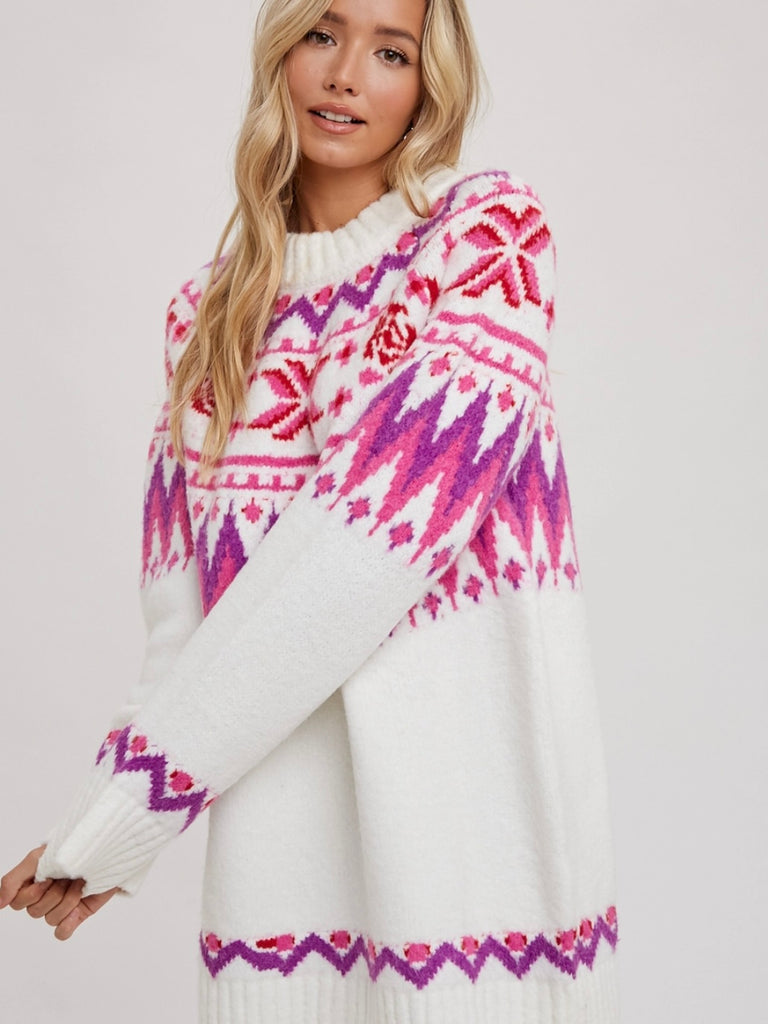 Soft Pink Ski Lodge Tunic Sweater Dress, in a Fair Isle pattern 