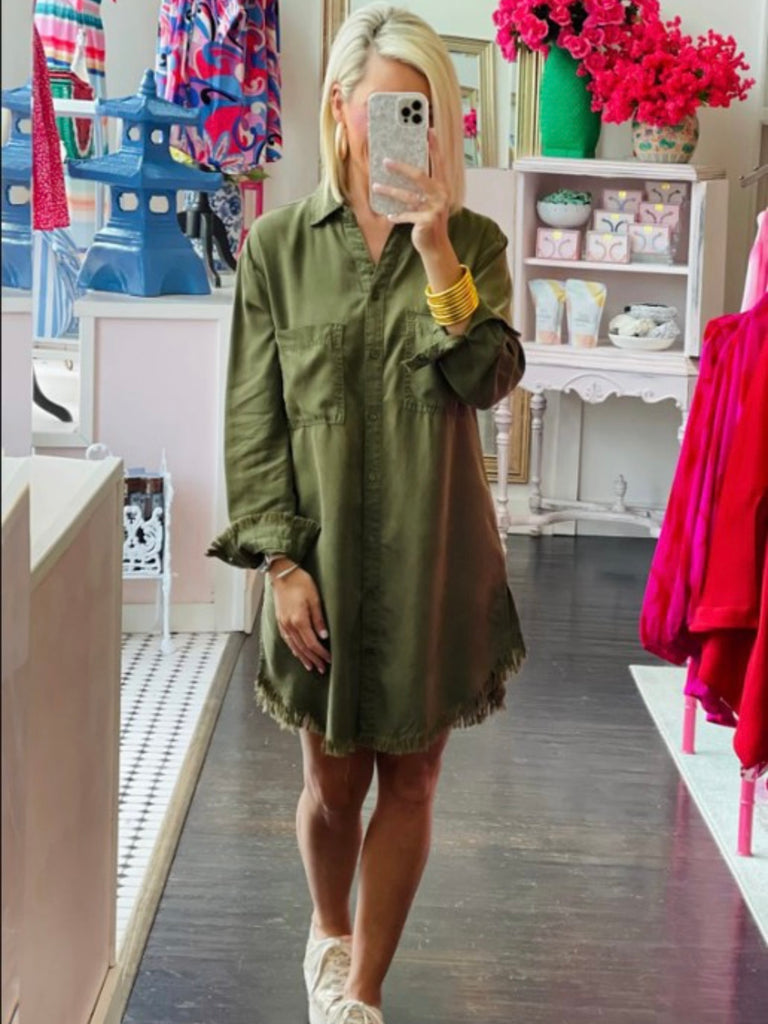 Olive Green Tunic Featuring raw-hemmed long sleeves and two convenient front pockets and Button up front.