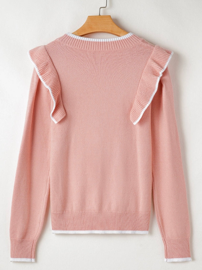  Pink colour with white trim Bows Sweater, featuring delicate ruffle accents  and an adorable bowknot detail.