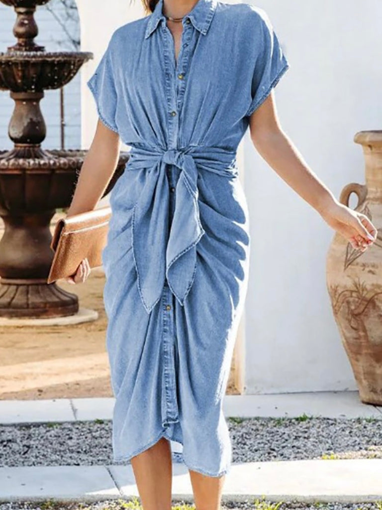 Boho Chic Style Denim Front Tie Dress with Button detail and shorter sleeves for those warm summer days.