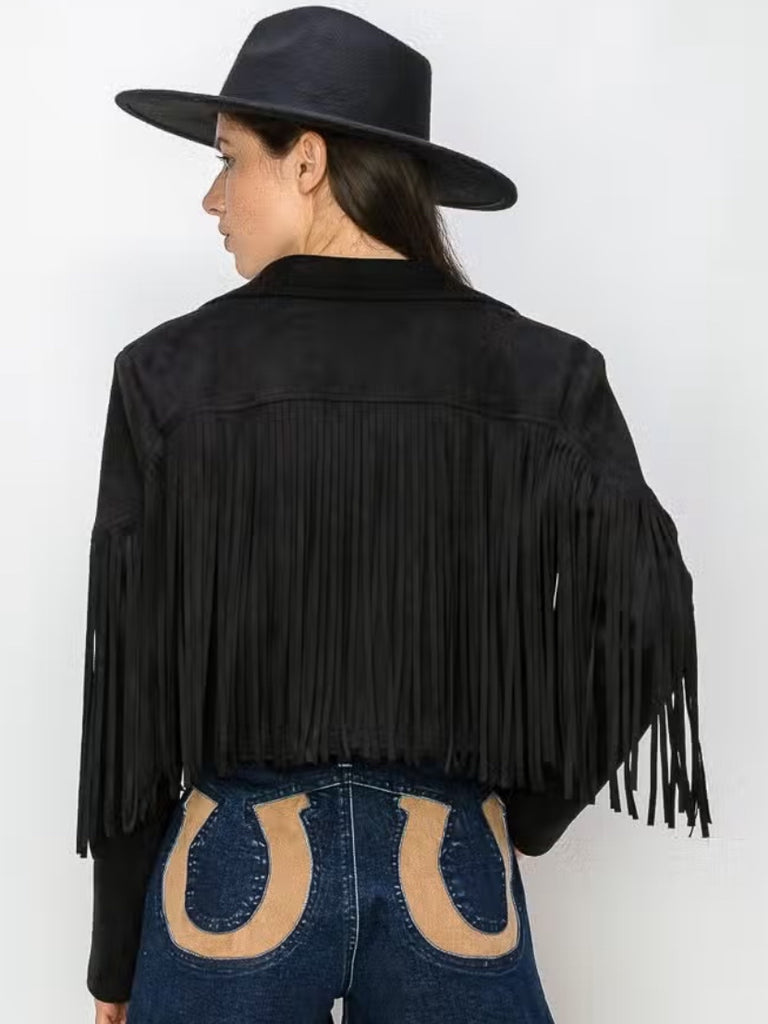 Black Fringed Faux-Suede Boho or Western Jacket.