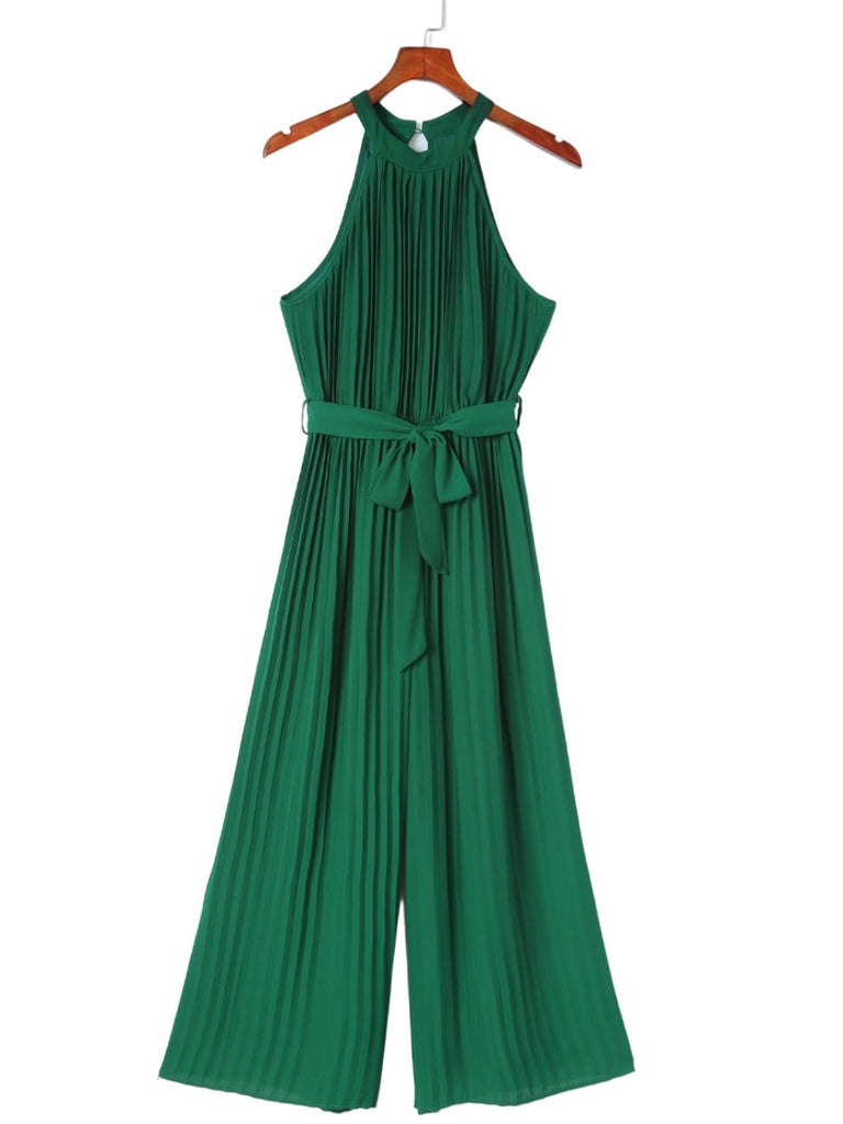 Wide leg , Green Belted Jumpsuit , features a stunning pleated design and a halter neck with keyhole closur