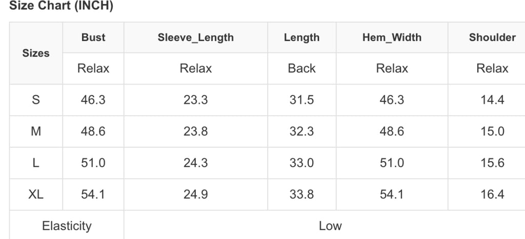 Size Chart for Raw Edges Pullover.