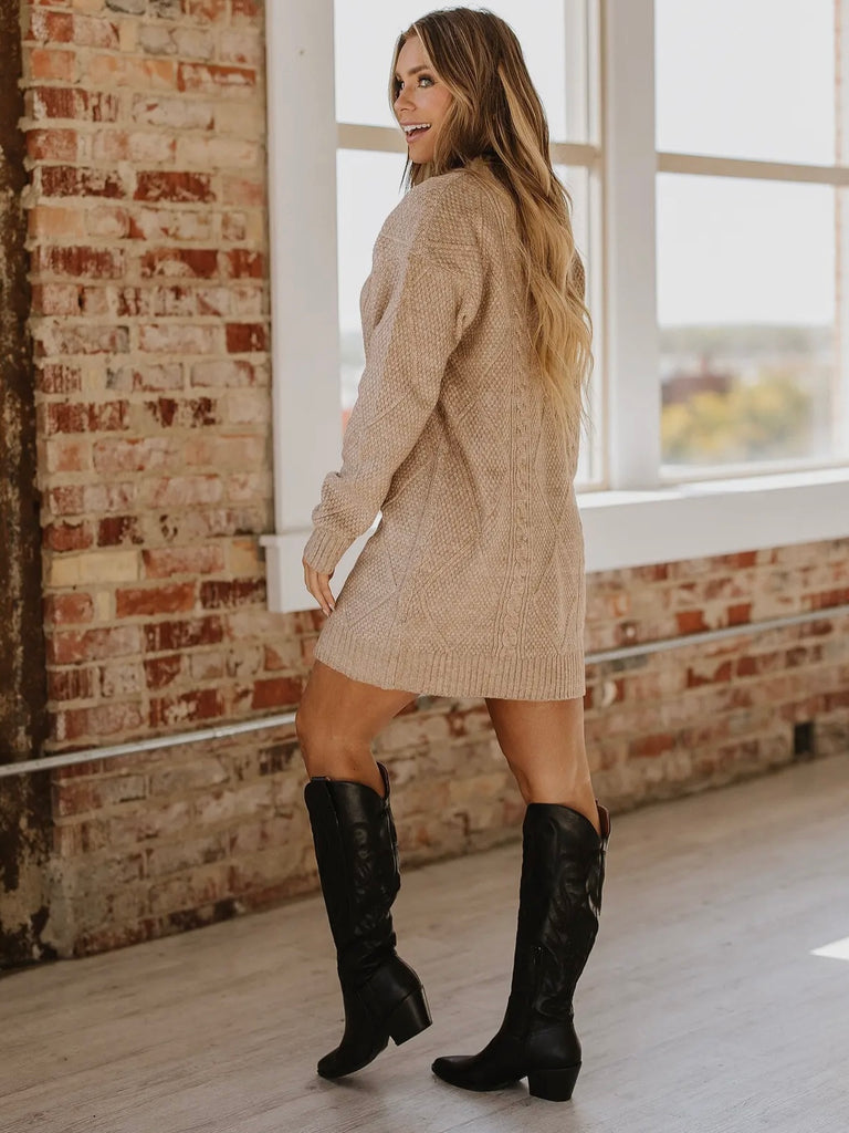 Apricot Brown Knit Sweater Dress, this  sweater dress features intricate cable knit detailing that adds texture and a chic touch to your outfit. Loose fit for all body shapes.