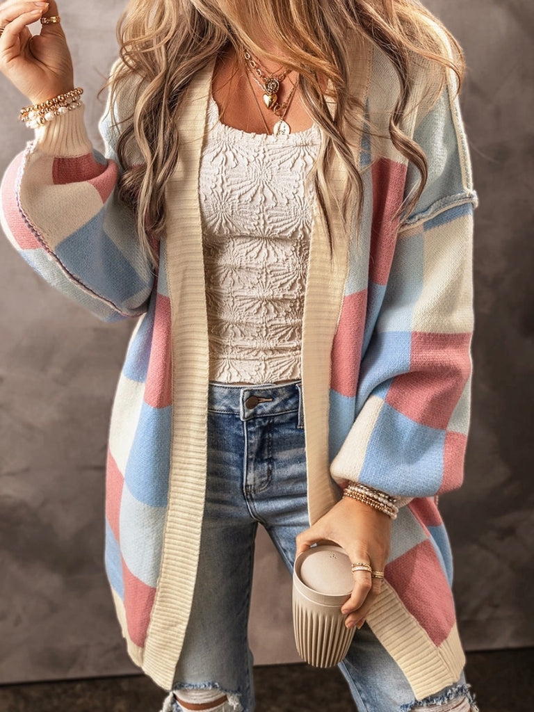 Pastel Pink, Blue, White, and Creamy Yellow Checkered Pattern Cardigan with a Relaxed Silhouette and drop shoulder  with exposed seams.