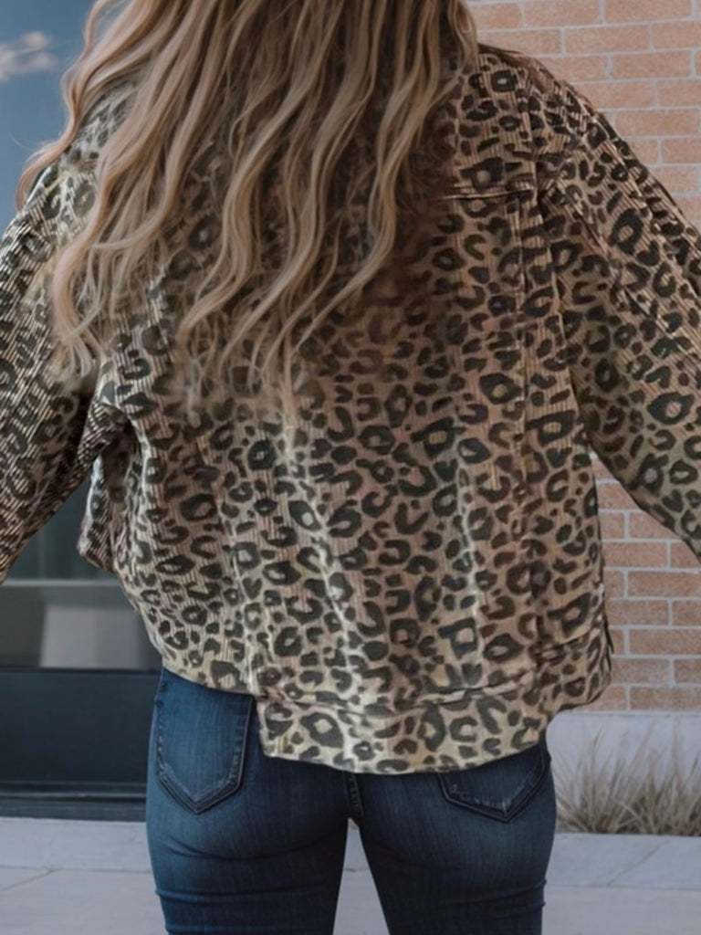 Bold Leopard print Corduroy Jacket –with an irregular hem for added flair front button for easy wear