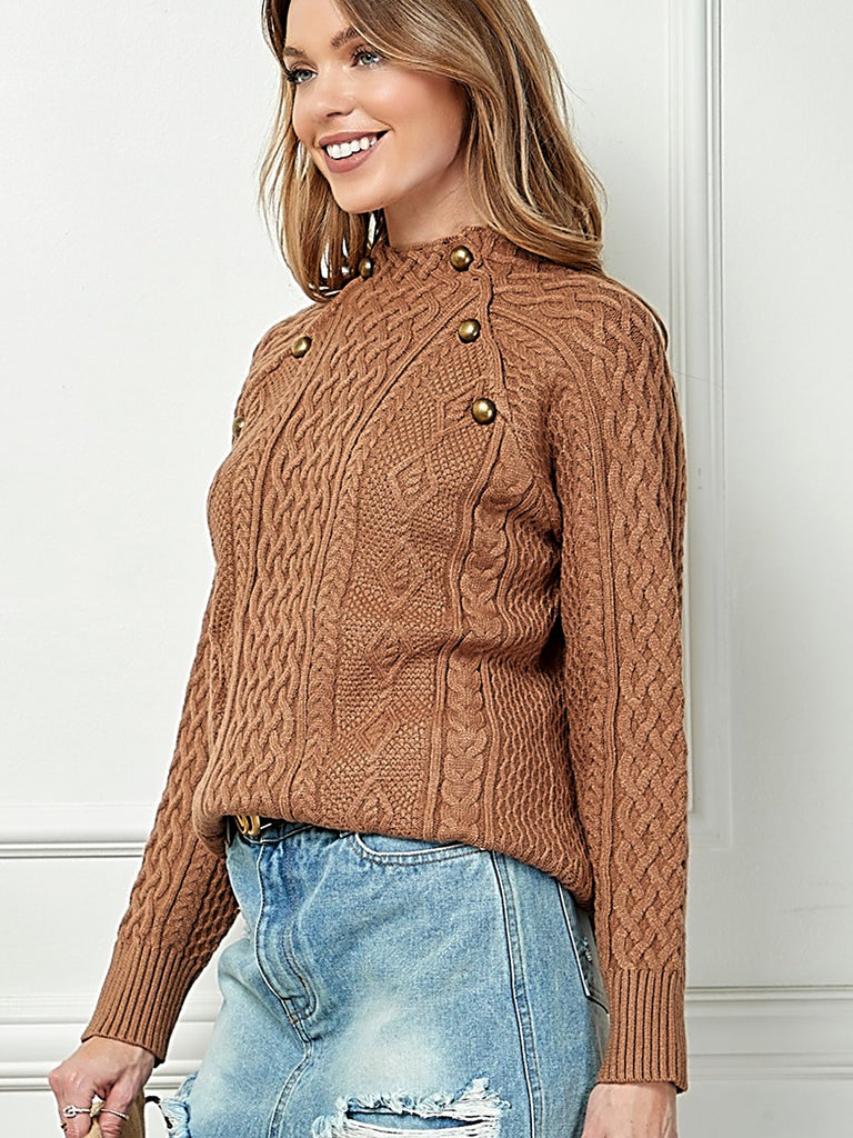 Camel Mock Neck Sweater with Long Sleeves and a cool Button Front Detail.