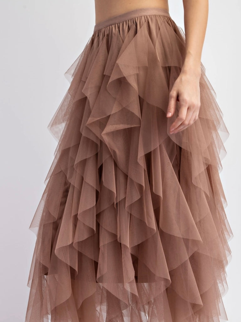  Mocha  Colour ,High Waist  Tulle Maxi Skirt, with multi-layered tulle mesh that creates a whimsical, cascading effect and its perfectly lined with a shorter inner skirt for modesty.