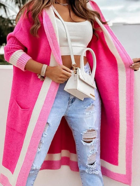 Ella hot pink  Colour block long cardigan with hood.