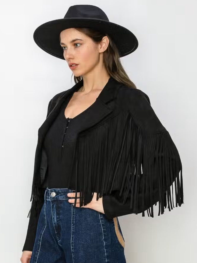 Black Faux-Suede Get Fringed Boho Jacket in black , perfect for that country concert or that bohemian festival !