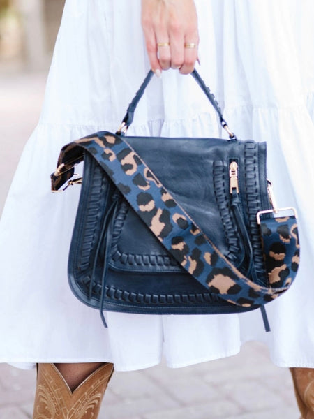  Navy  Western and Boho Flair vegan leather purse, with 2 zippered pockets gold hardware and adjustable leather strap.