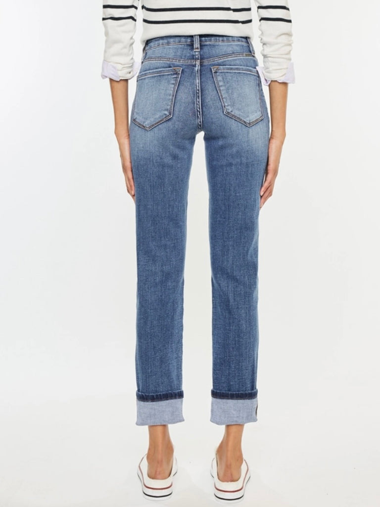 High Rise Button Fly Straight Leg Jeans , cuffed hem, and slight destruction