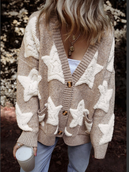 Neutral Tan , relaxed fit Sherpa Star Pattern Cardigan., with  v-neck and front button closure .