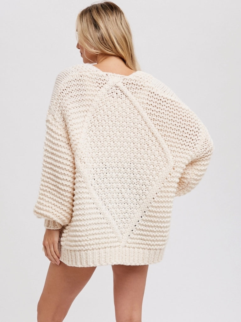 Cream Chunky Cable Cardigan with long batwing sleeves and unique braid pattern, it's an oversize fit.