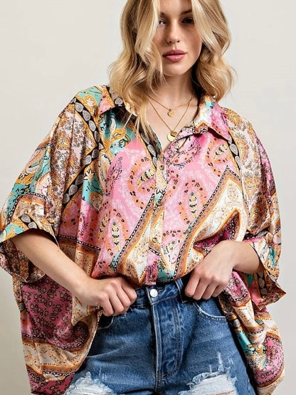 Oversized, flowy button Satin Top in a pink and neutral brown with a classic stand collar and short sleeves