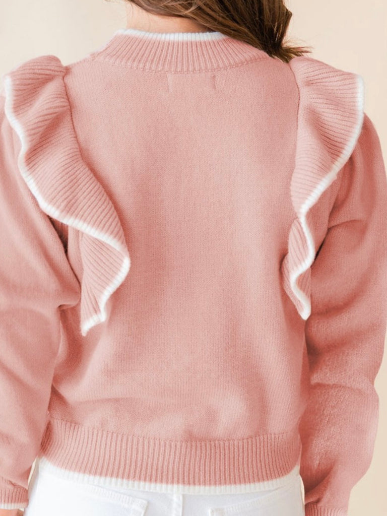  Pink colour with white trim Bows Sweater, featuring delicate ruffle accents  and an adorable bowknot detail.