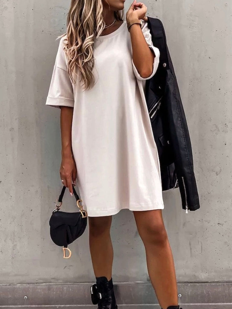 Neutral stone colour Oversized fit T-Shirt Dress, One-size option, Crew neckline and short sleeves.