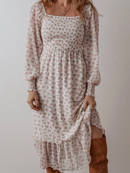 Long Sleeve Smocked  Top Floral Dress, with Square Neckline and Ruffled Hem.