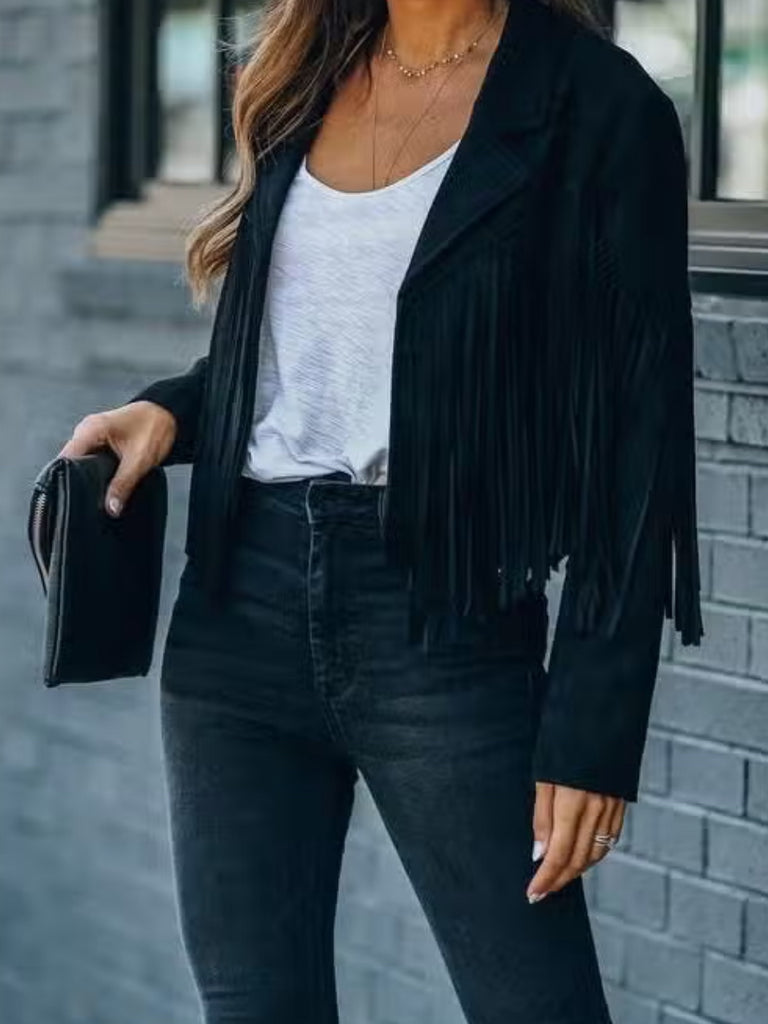 Faux Suede fully lined Get Fringed Boho Jacket in black, get fringed and rock on.