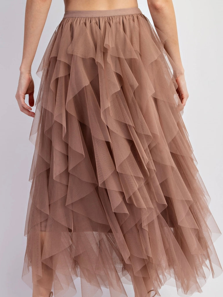  Mocha  Colour ,High Waist  Tulle Maxi Skirt, with multi-layered tulle mesh that creates a whimsical, cascading effect and its perfectly lined with a shorter inner skirt for modesty.