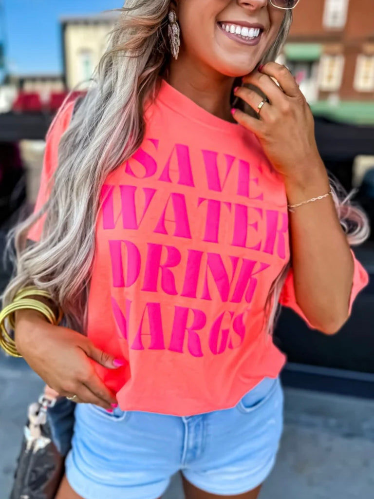 Add a Dash  of humour to your wardrobe with our "Save Water Drink Margs T-shirt in this fun Neon Colour. 