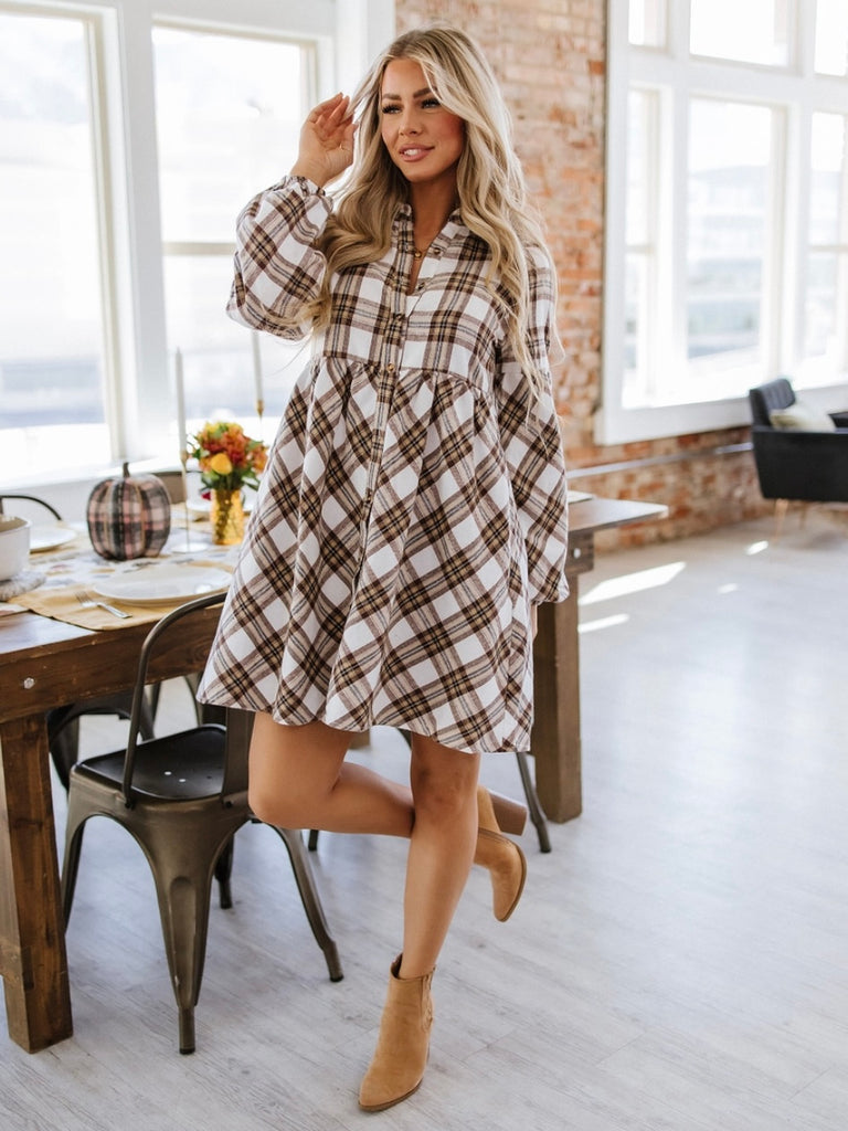  Button -Front ,Plaid Tunic Dress with bubble sleeves and high waist detail.