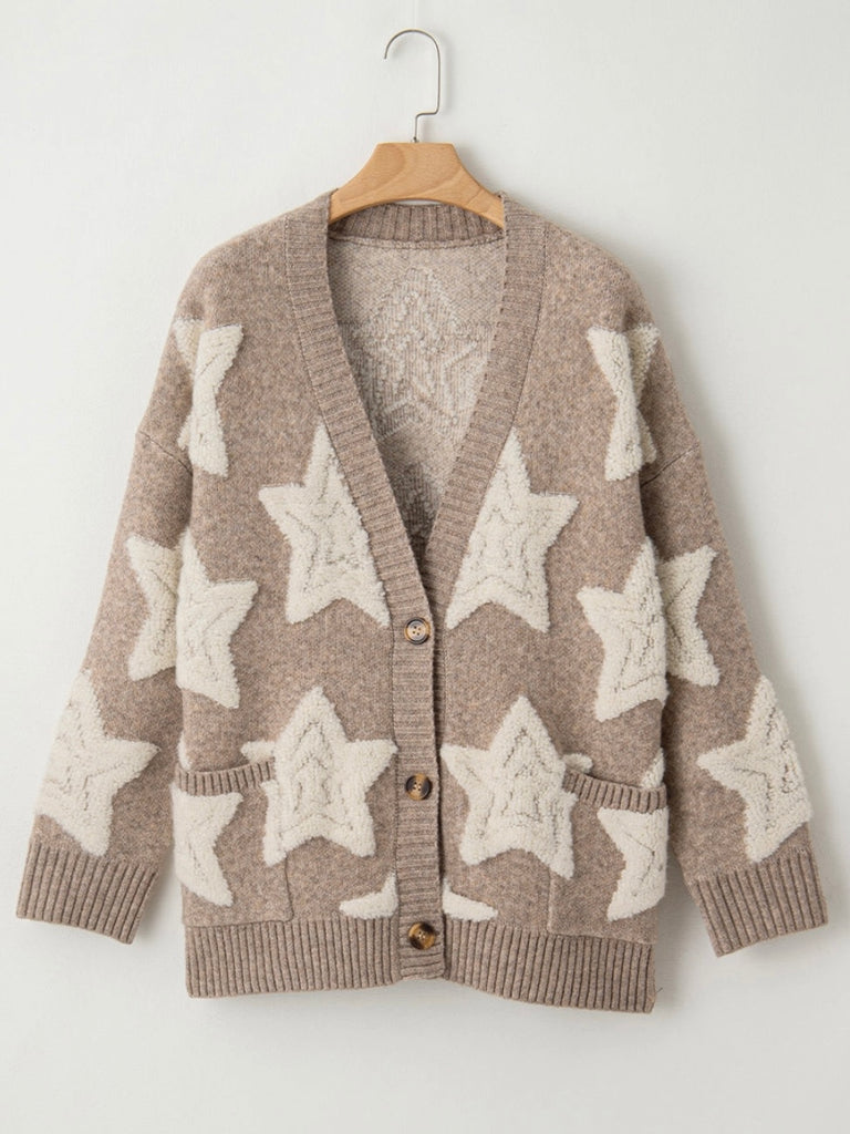 Neutral Tan , relaxed fit Sherpa Star Pattern Cardigan., with  v-neck and front button closure .