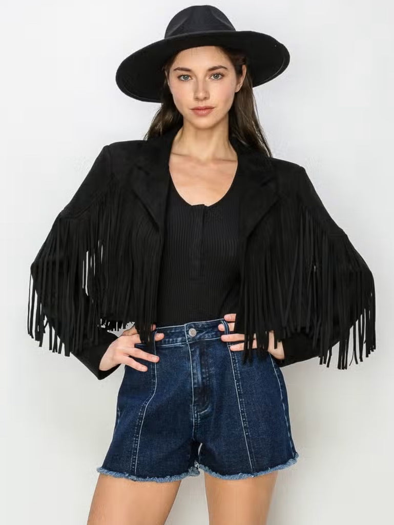 Express yourself with the Black Get Fringed Boho Jacket in   faux-sueded , perfect addition for those festivals.