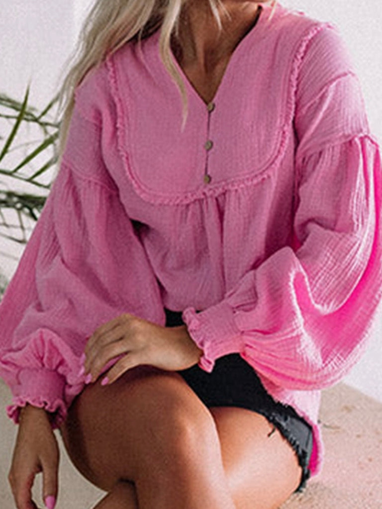  Pink long sleeve Crinkle Top, Unique grilled seam detailing and trendy puff sleeves with 3 button detail.