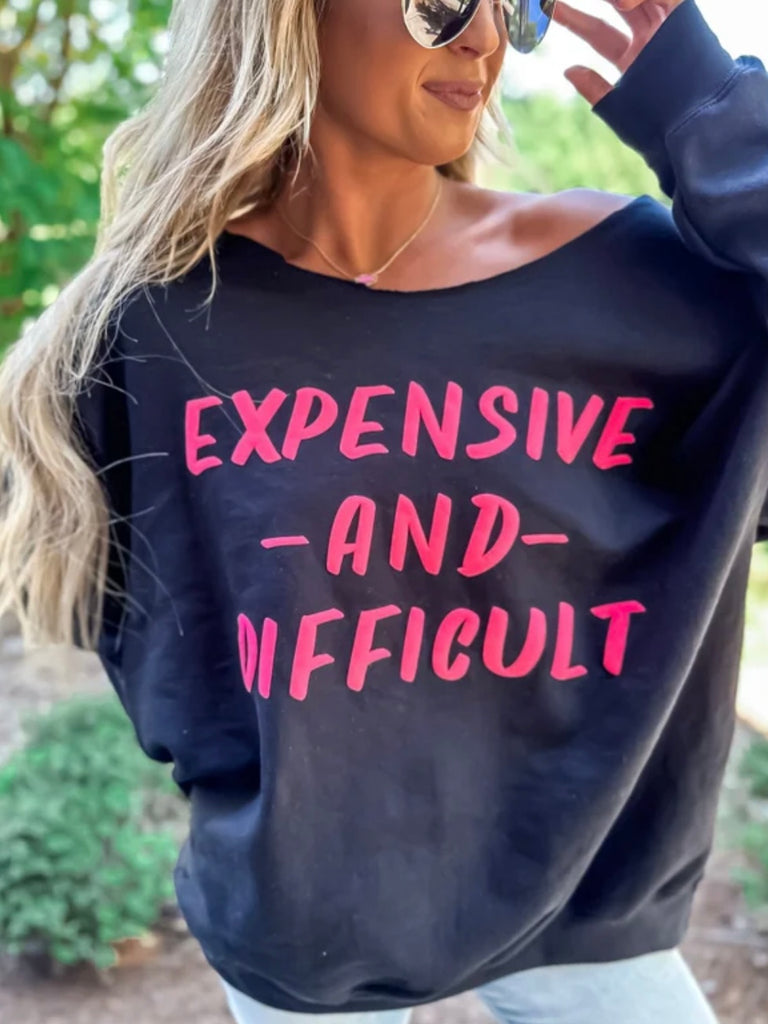 Up your Sweatshirt Game with the Expensive & Difficult Off The Shoulder Sweatshirt, made with a blend of luxurious cotton and polyester and fun off the shoulder detail .