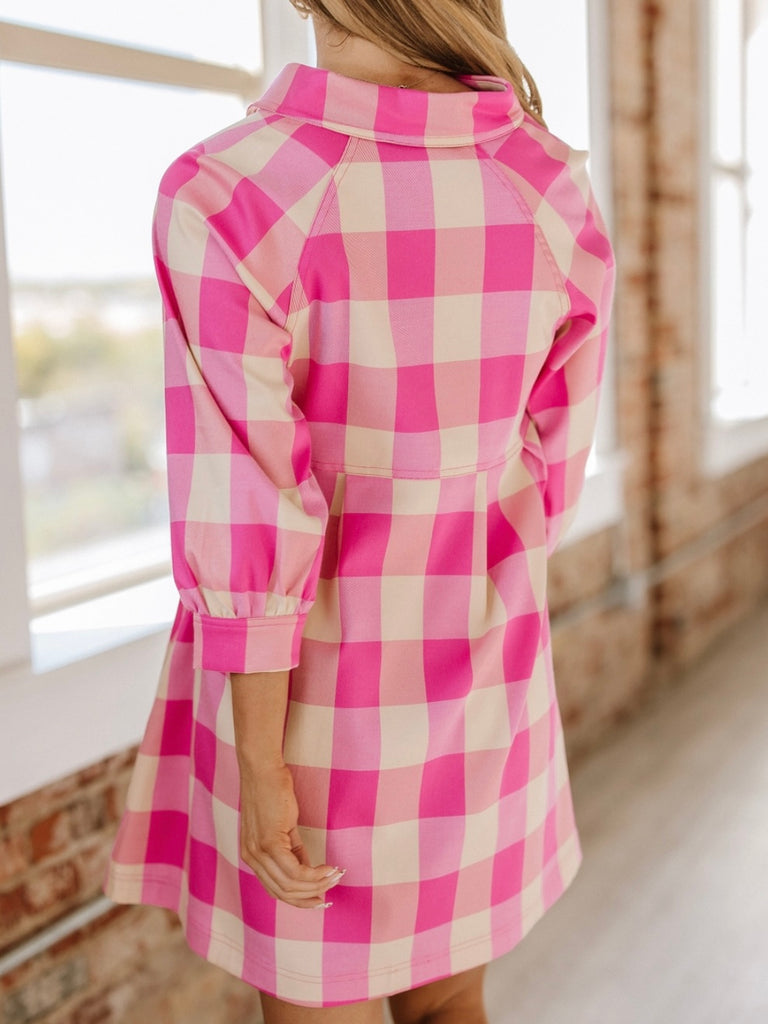 Soft pink and neutral cream plaid pattern Tunic Dress, with front pockets.