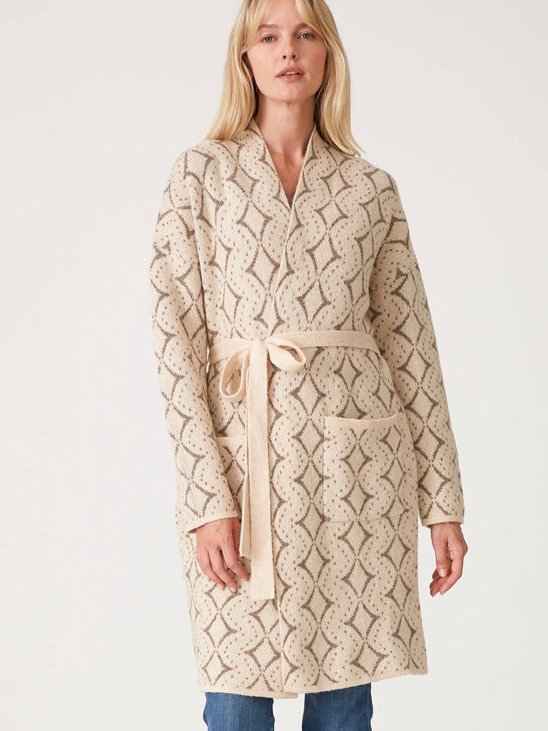 Creamy Natural Toned Cardigan features a western diamond print, long sleeves, and patch pockets, with a waist belt.