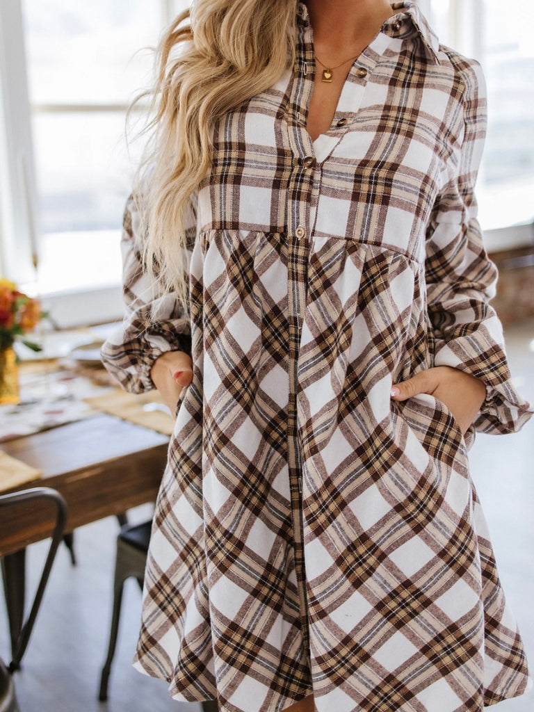  Button -Front ,Plaid Tunic Dress with bubble sleeves and pockets and a high waist detail.