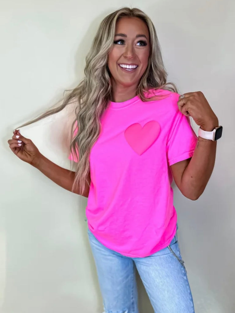 Pink Tee with playful pink puff heart graphic and 50/50 cotton-poly blend is the epitome of cute !