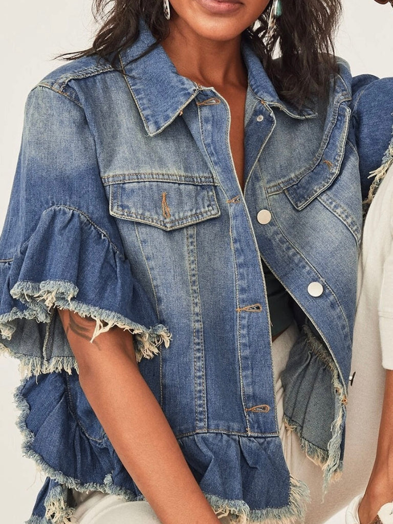 Ruffled  Hem Jean Jacket with durable denim fabric ruffled sleeves and raw edge add a touch of modernity.