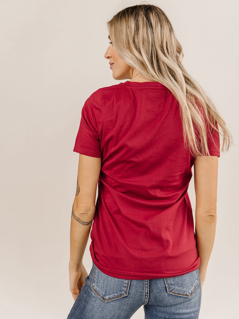 Burgandy short sleeve, v-neck t-shirt. Medium stretch and true-to-size fit.