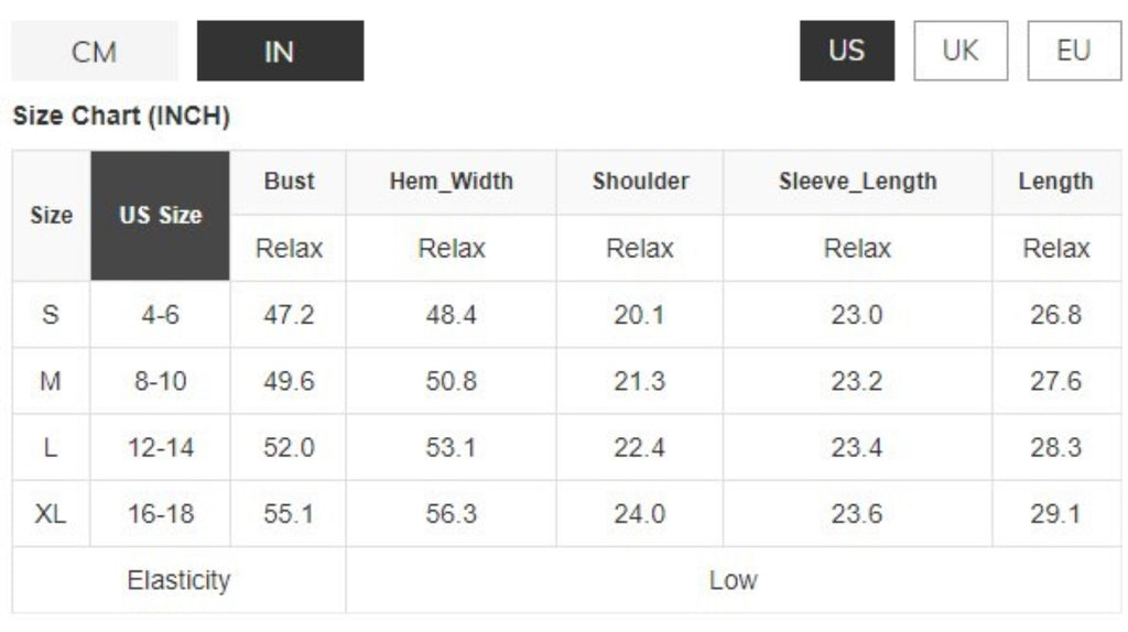 Size Chart for Boho Hoodie 