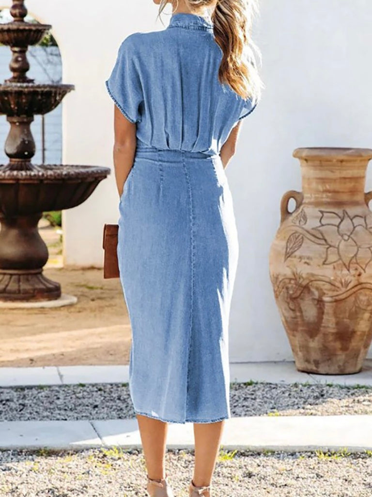 Longer Length Denim Tie Front Dress with short sleeves and cute little detail back.