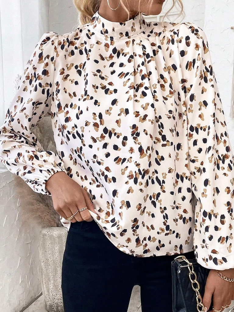 Leopard Print ,Lantern Sleeve Blouse  features a chic mock neck design, and flattering pleated neckline.