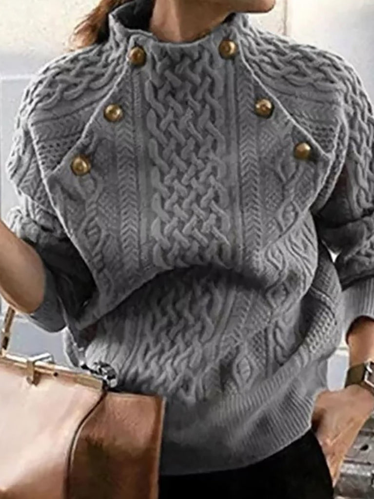 Grey Mock Neck Sweater with Long Sleeves and a cool Button Front Detail.