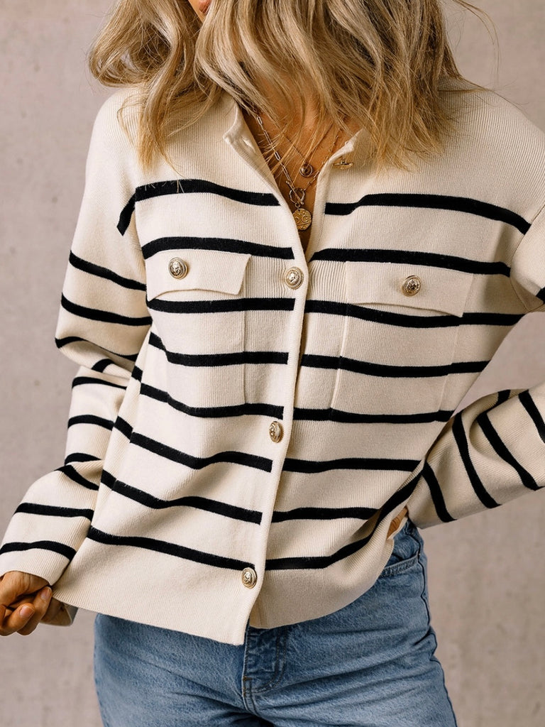  Cream and Black  Stripe Cardigan with functional flap pockets , and stylish button detail.