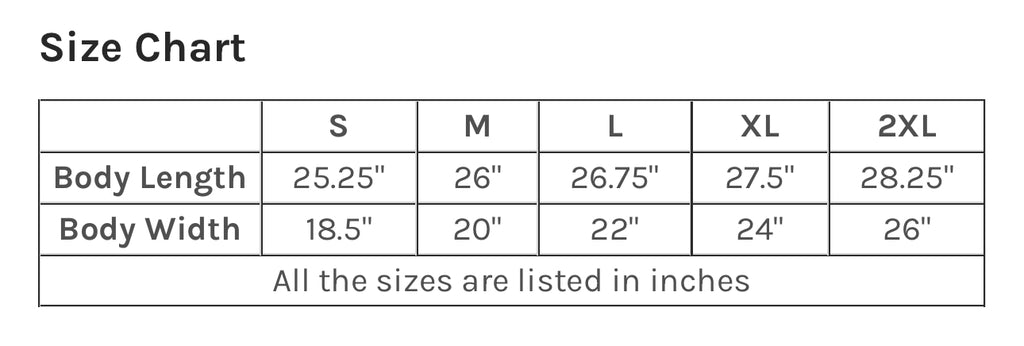 Size Chart for The Mountains are Calling Tee.