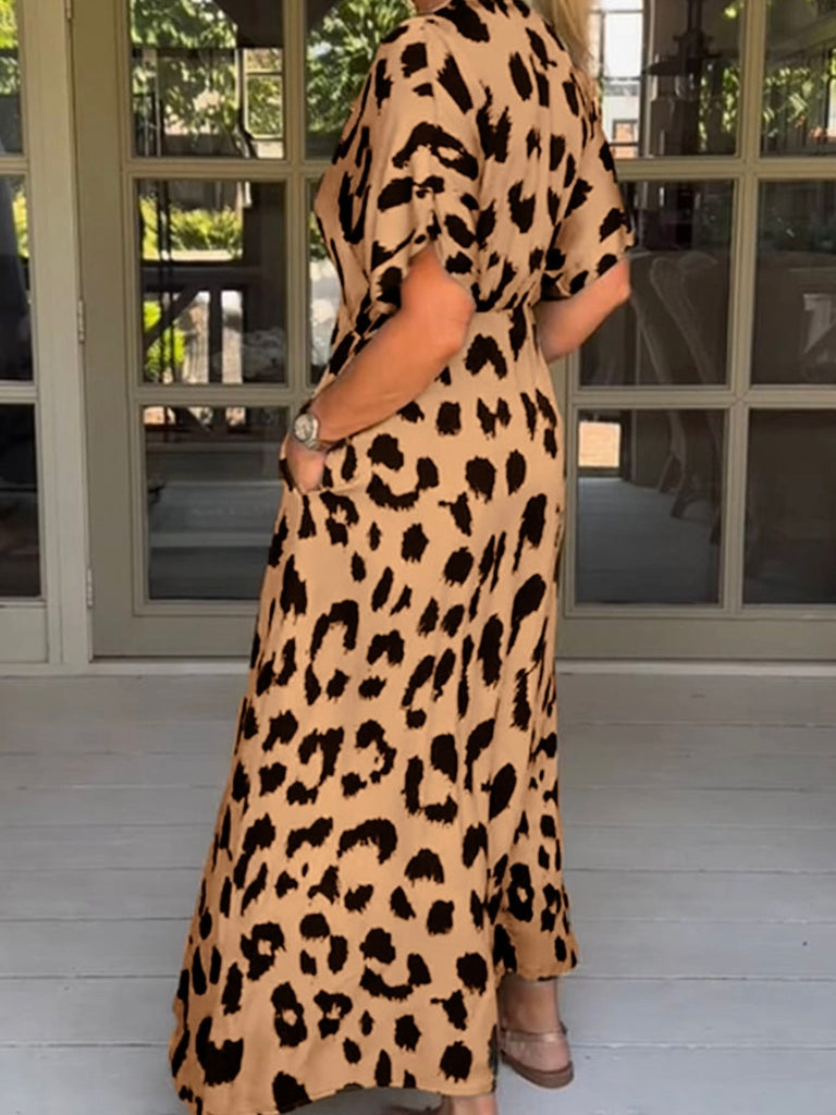 Long  V-neckline ,Plus-size high-waist Leopard Dress with button front and  pockets for added convenience.