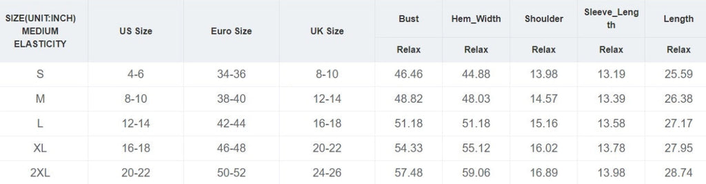 Size Chart for the Hollowed Eyelet Blouse.