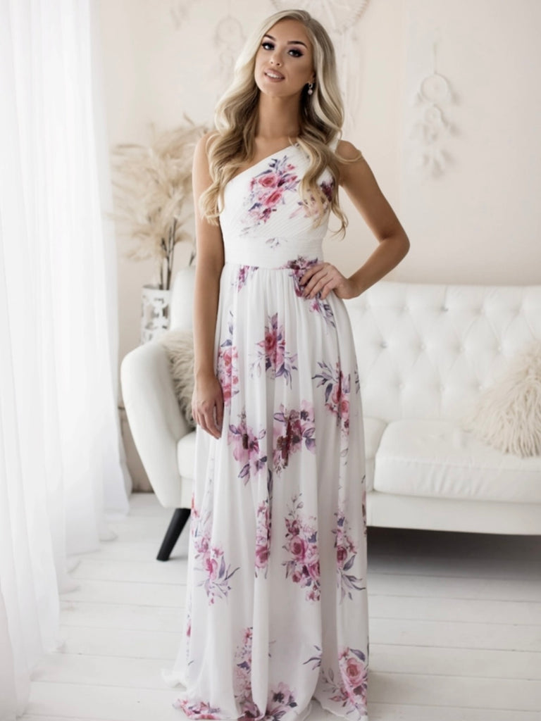 The Chasing Petals Floral Maxi- dress with its playful one-shoulder style in white .