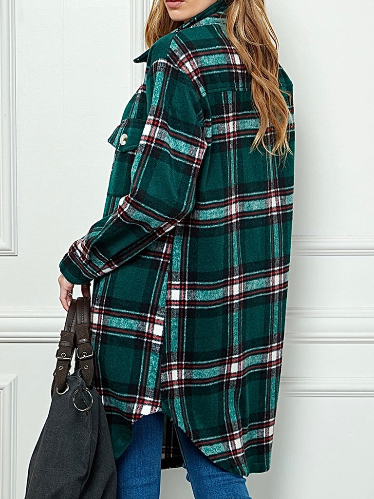  Green Hue , Fleecey Plaid Shacket boasts a longer length, button front, and chest pockets .